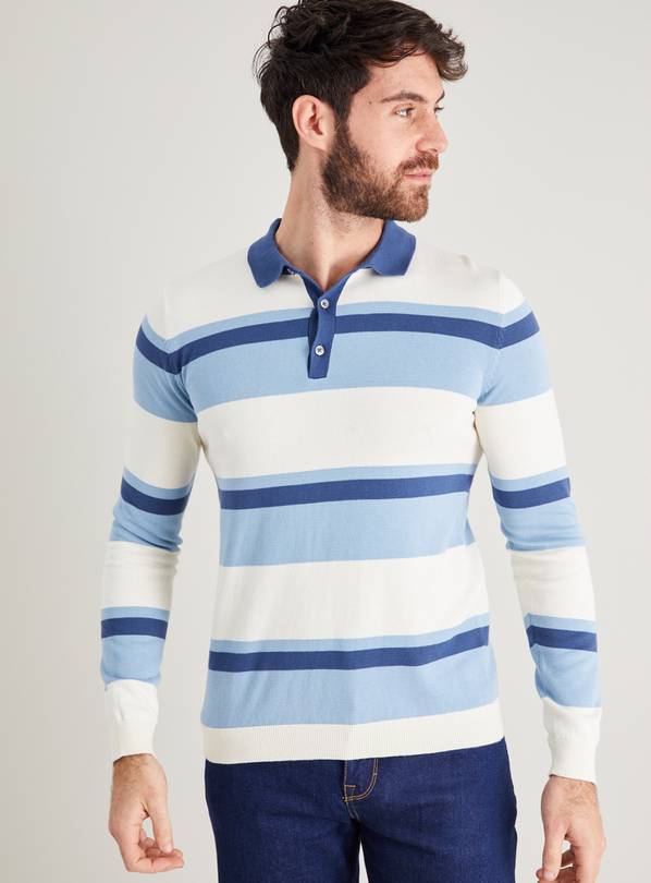 Cream & Blue Stripe Knitted Polo - L