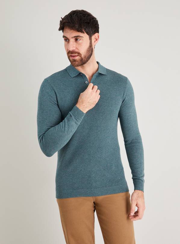 Green Textured Knit Polo - L