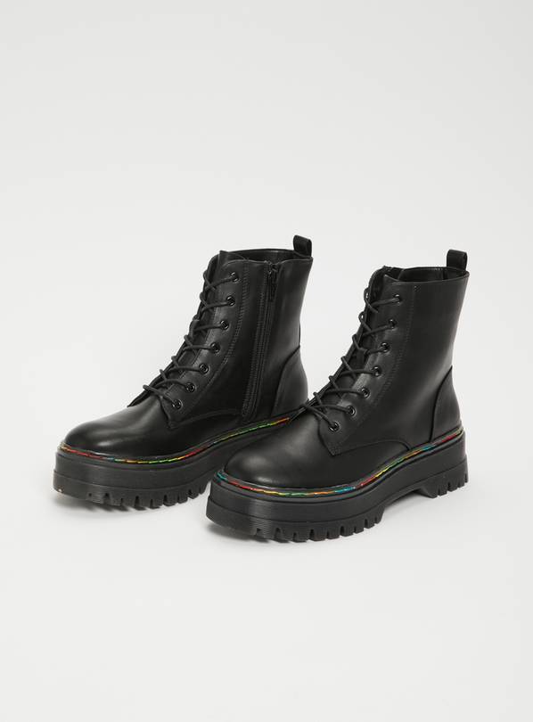 Sole Comfort Black Faux Leather Boots With Rainbow Stitch - 