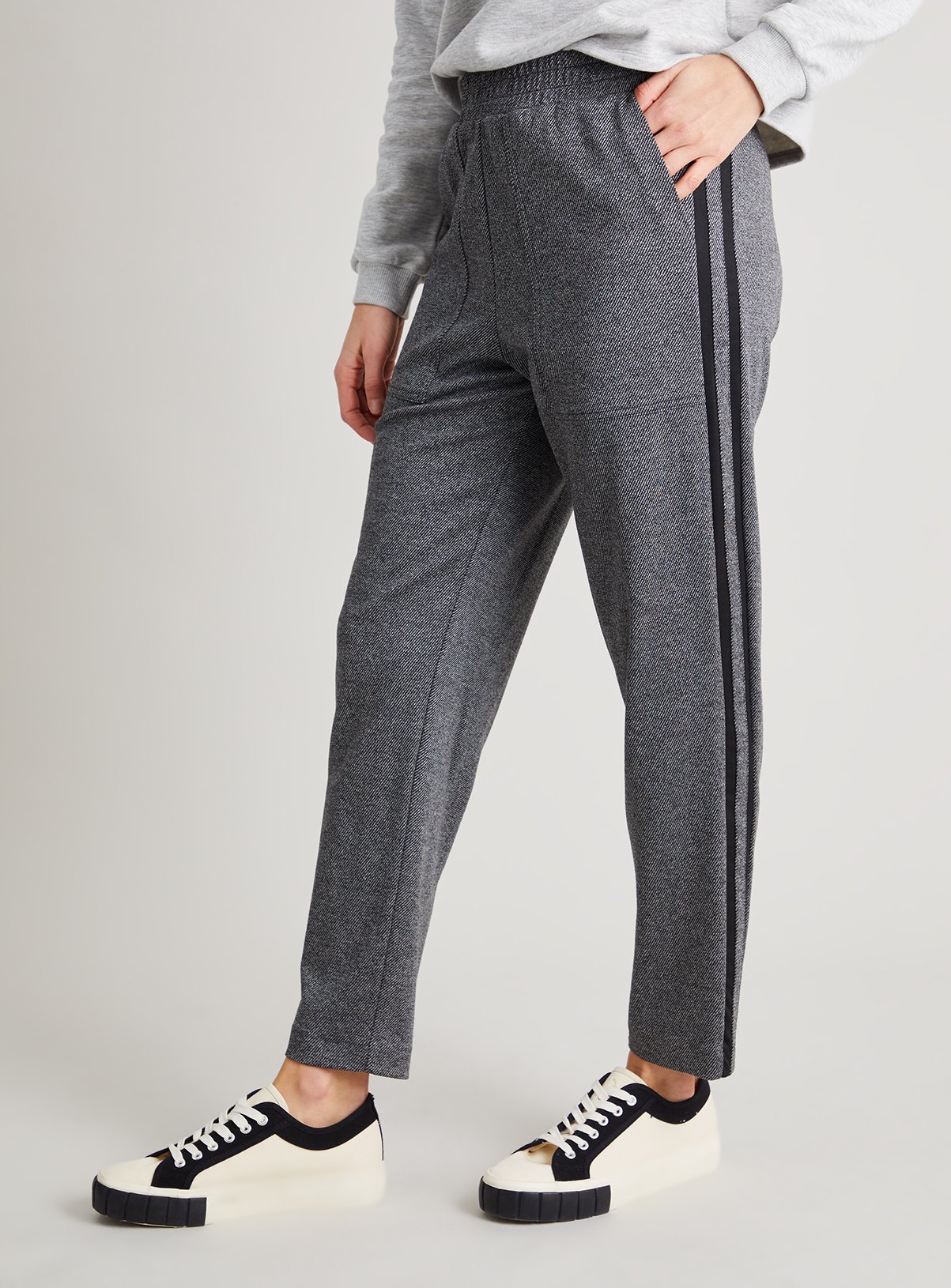 grey trousers with side stripe