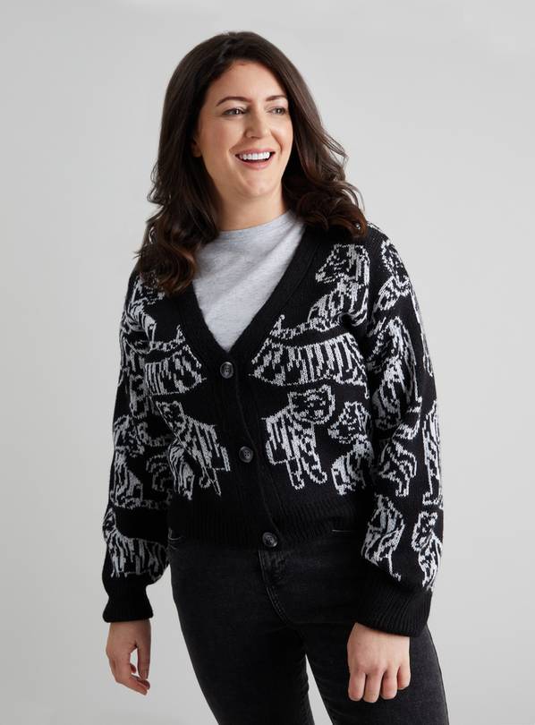 Monochrome Tiger Intarsia Knit Cardigan - L