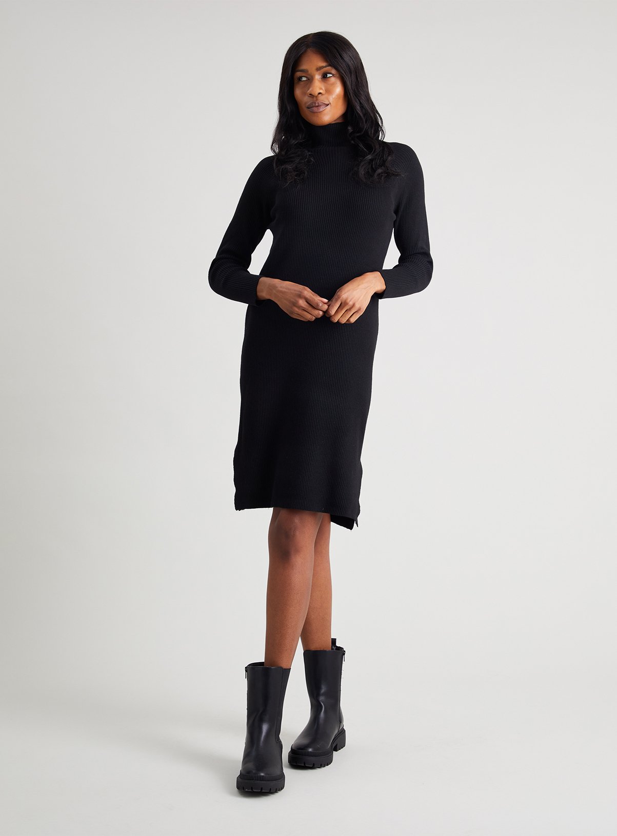 SKU: MEADOWS LS HIGH NECK RIB DRESS:Black:S - Image 2 thumbnail