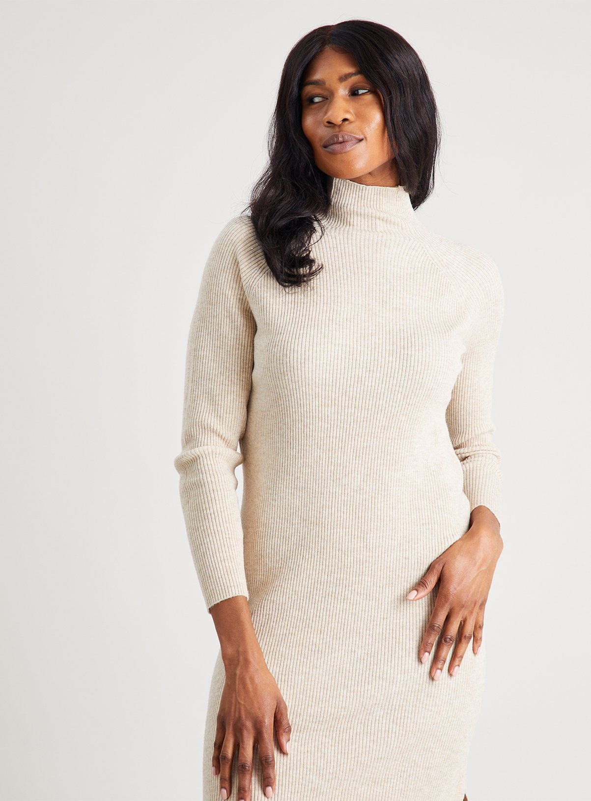 SKU: MEADOWS LS HIGH NECK RIB DRESS:Oatmeal:M - Image 1 thumbnail
