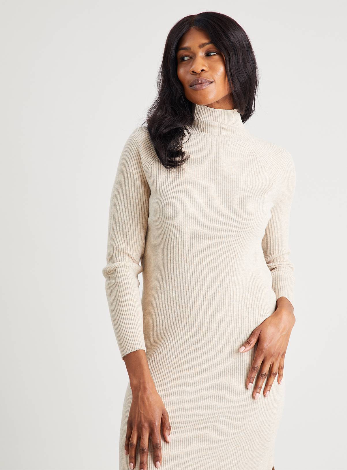 SKU: MEADOWS LS HIGH NECK RIB DRESS:Oatmeal:M - Image 1