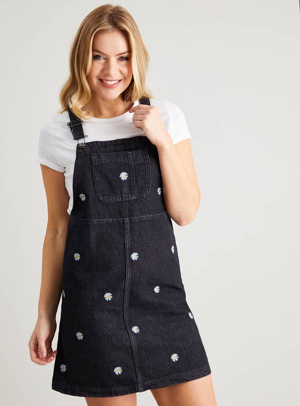 Buy Black Embroidered Daisy Pinafore - 14 | Dresses | Tu
