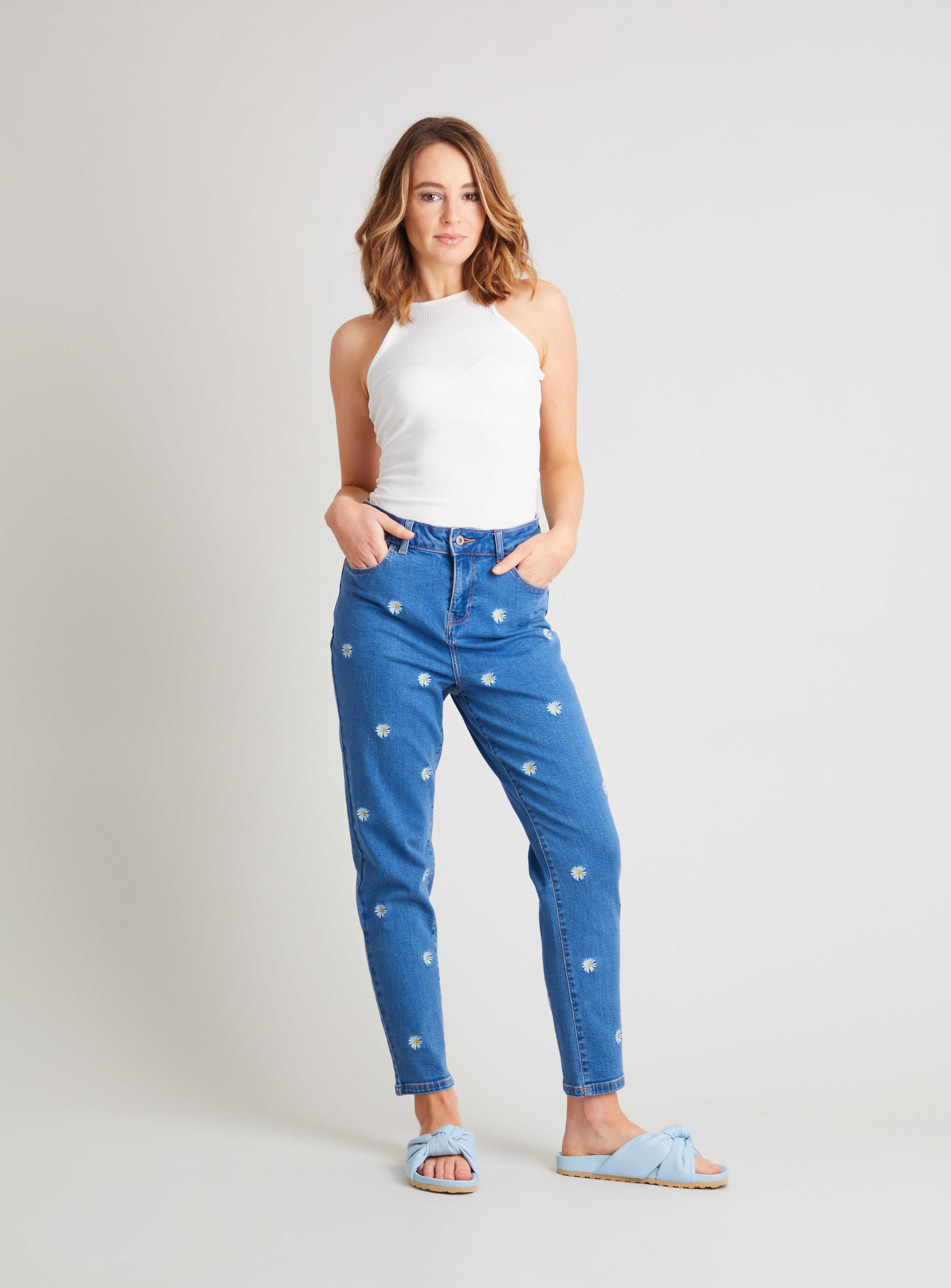 embroidered mom jeans