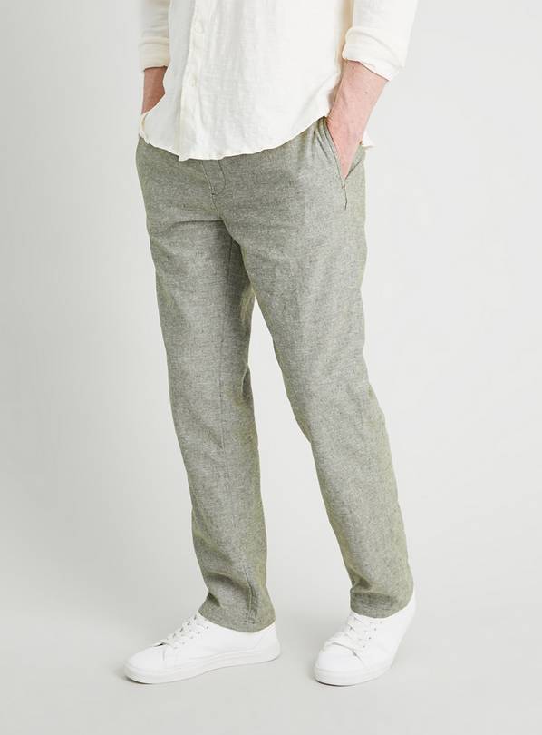 Green Linen-Rich Tapered Pull On Trousers - W30 L32