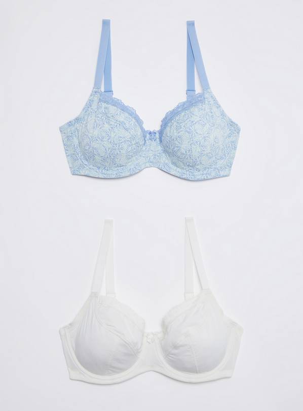 Buy DD+ Blue Tile Print & White Full Cup Bra 2 Pack 34GG Bras Argos