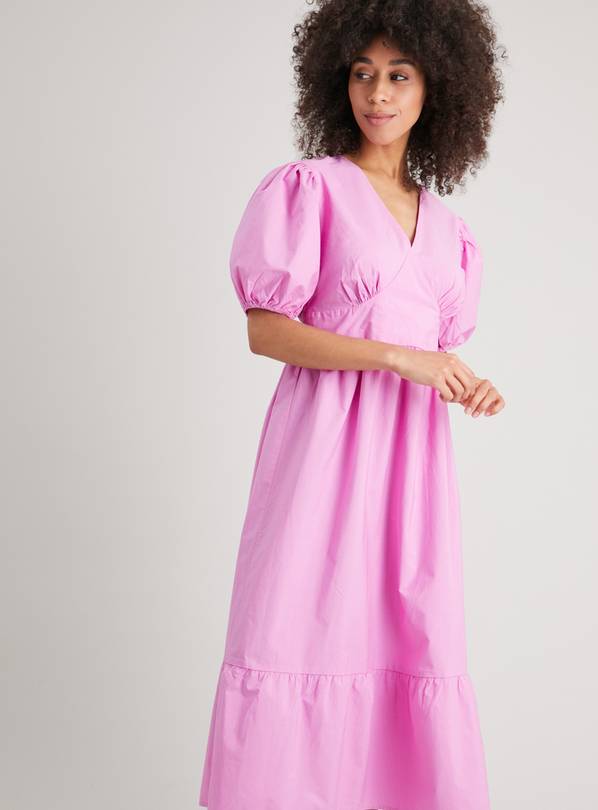 Pink Puff Sleeve Poplin Midi Dress - 22