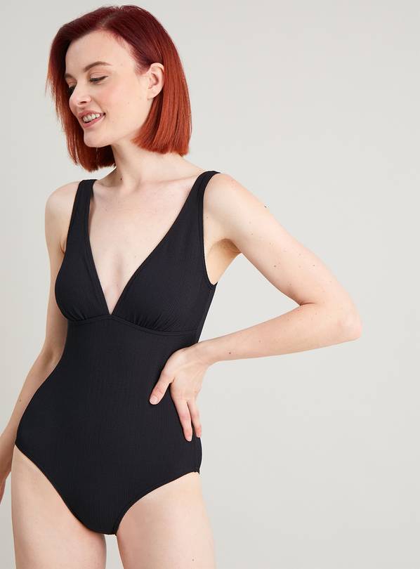 Black Textured Swimsuit With Tummy Control - 16