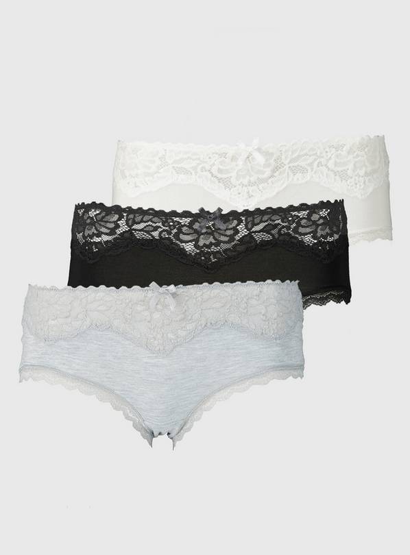 Grey, Black & White Lace Top Knicker Shorts 3 Pack - 8