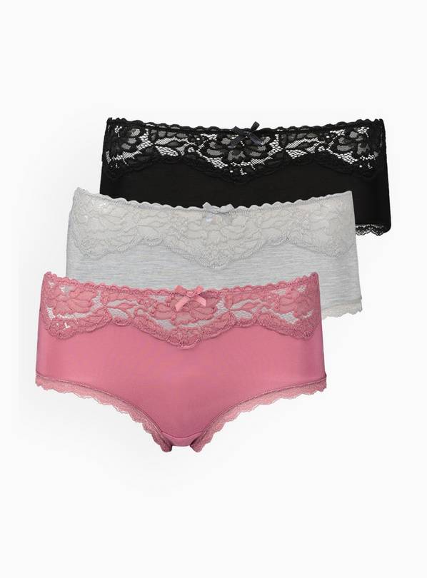 Grey, Pink & Black Lace Top Midi Knickers 3 Pack 18