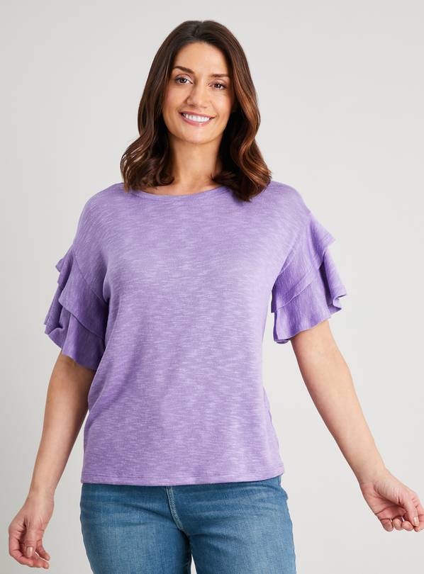 Lilac Linen-Look Frill Sleeve Blouse - 14