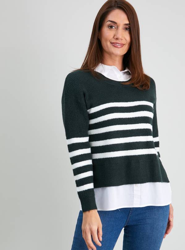 Green Stripe 2 In 1 Shirt Collar Jumper - 18