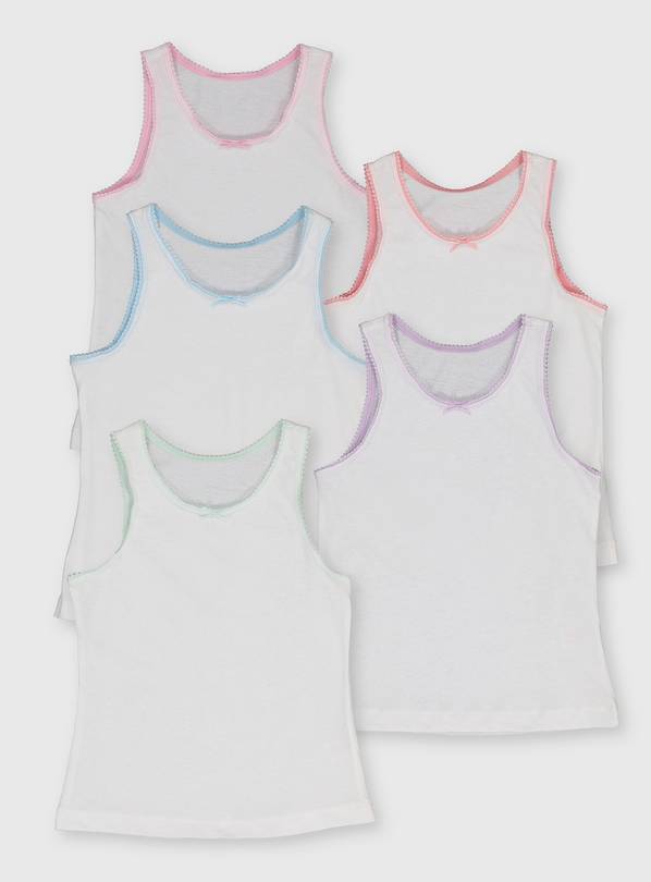 White Lace Trim Vests 5 Pack - 7-8 years