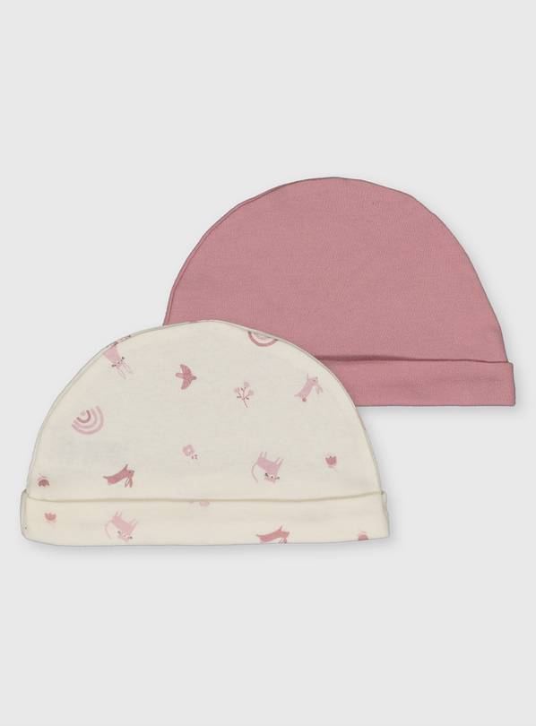 Pink Print & Plain Hats 2 Pack Newborn