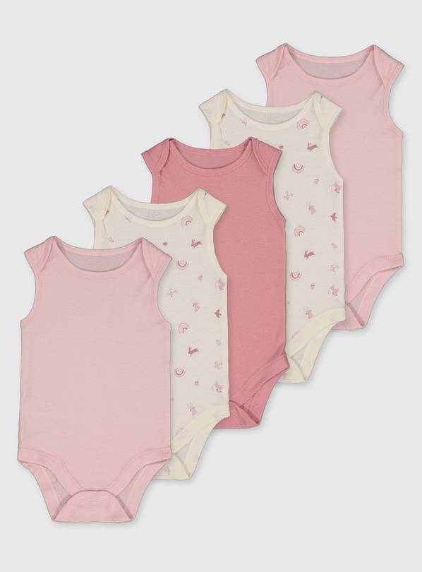 Pink Print Sleeveless Bodysuit 5 Pack - Up to 3 mths