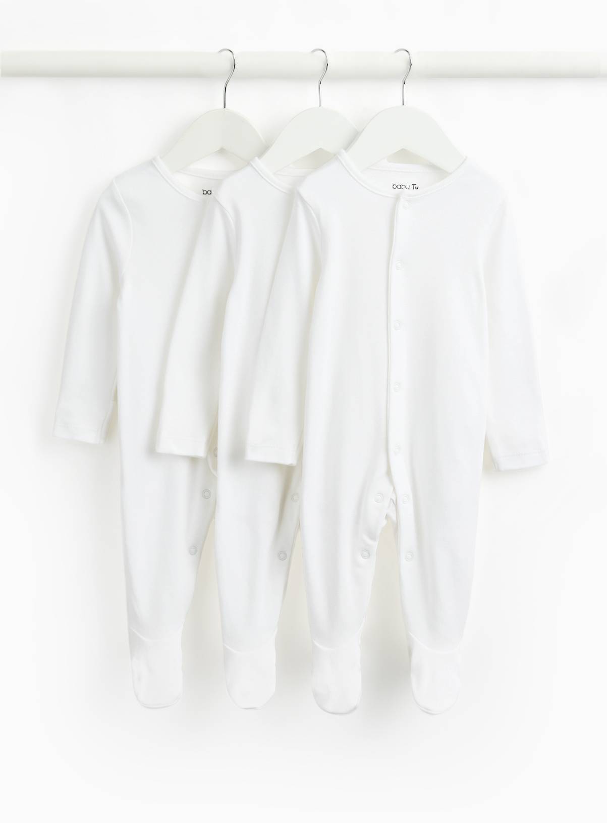 White Long Sleeve Sleepsuits 3 Pack Newborn - Image 1