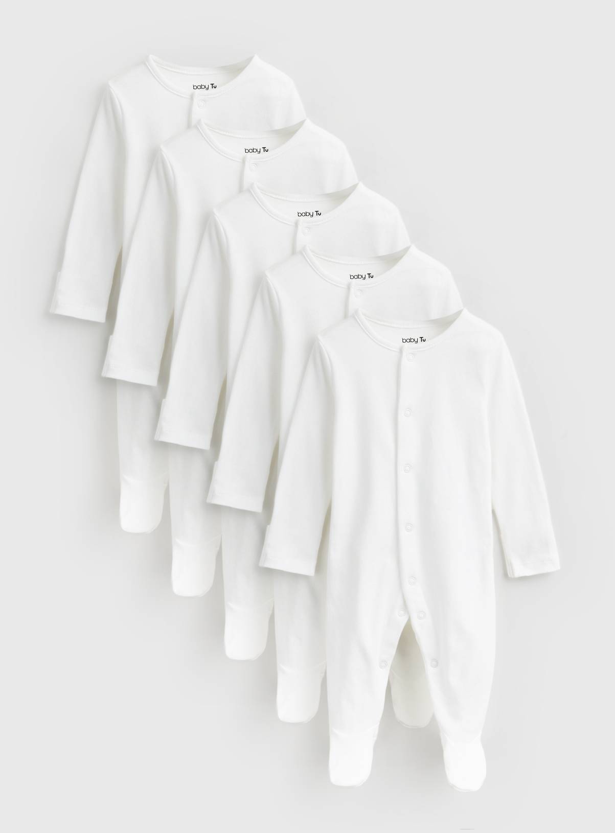 White Long Sleeve Sleepsuits 5 Pack Newborn - Image 1