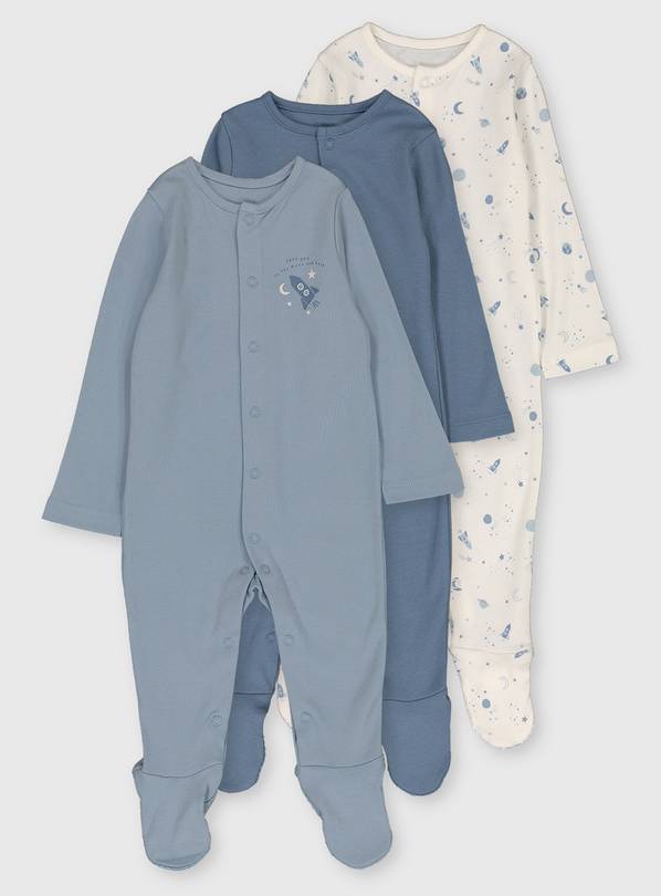 Blue & White Spaceship Sleepsuit 3 Pack - Up to 3 mths