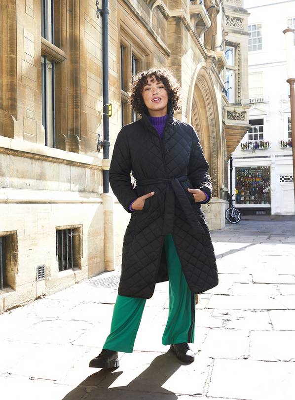 Buy Black Diamond Quilt Longline Belted Coat 20 Coats Argos