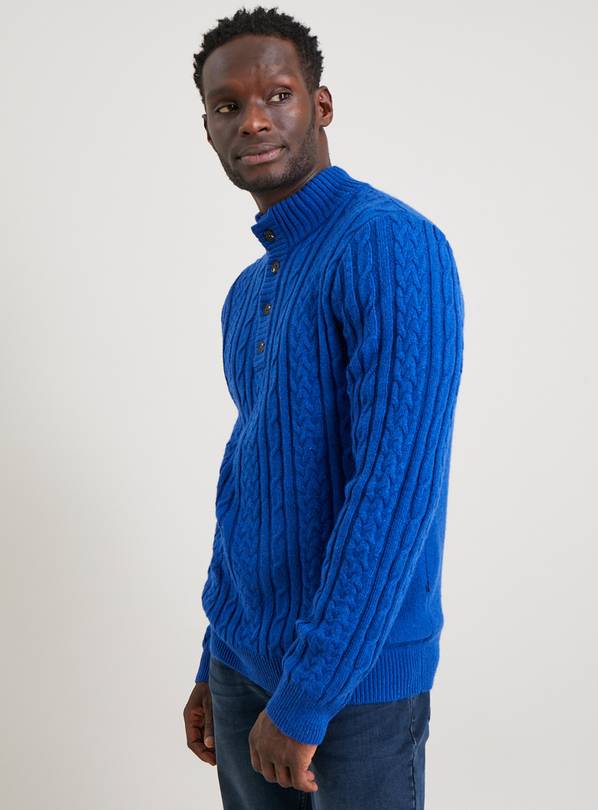 Buy Blue Button Neck Cable Knit Jumper With Wool S Jumpers and