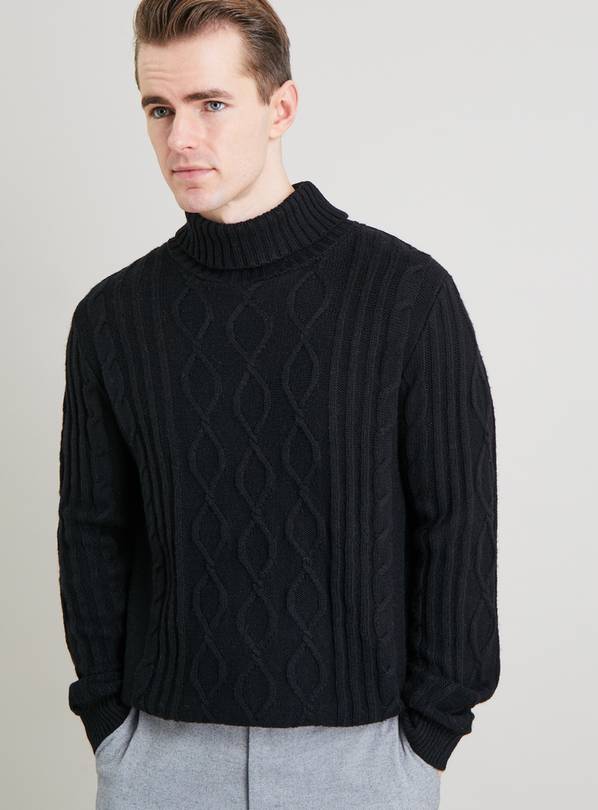 Buy Black Roll Neck Cable Knit Jumper With Wool XXXL Jumpers and