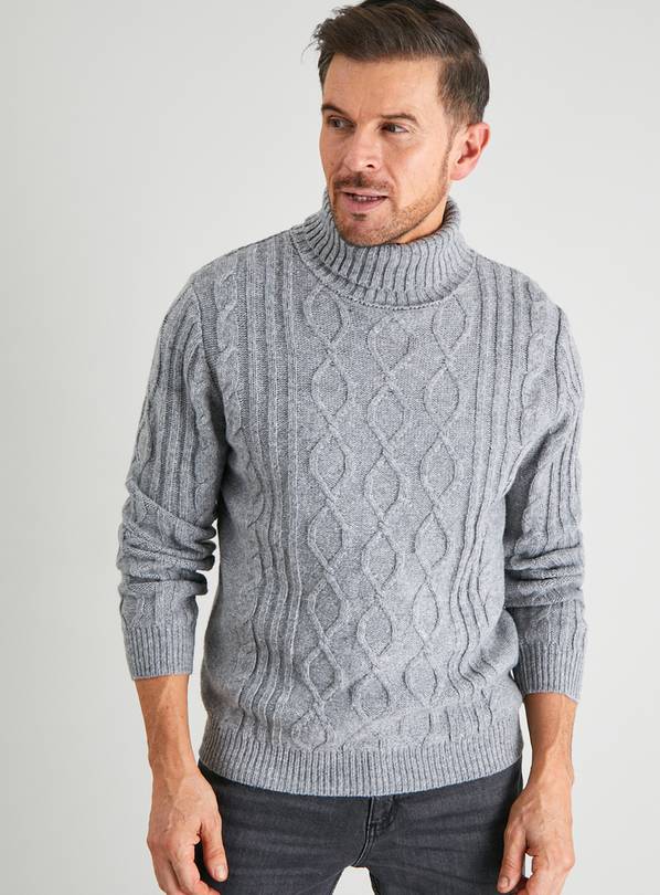 Buy Grey Roll Neck Cable Knit Jumper With Wool - L | Jumpers and ...