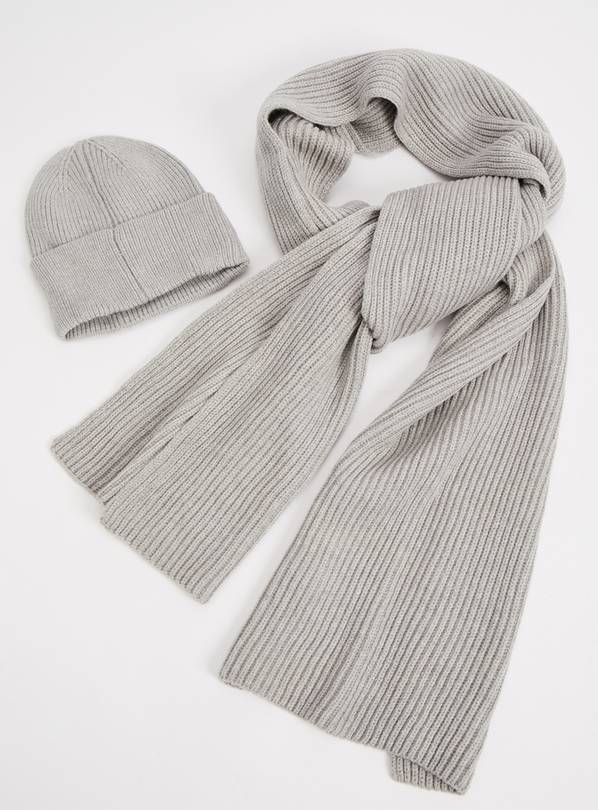 Buy Grey Rib Knit Beanie Hat & Scarf One Size Hats Argos