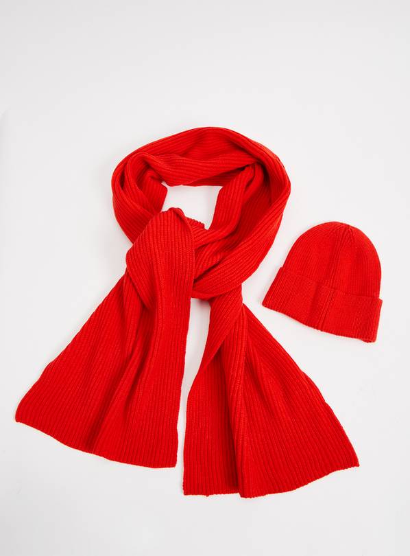 Buy Red Rib Knit Beanie Hat & Scarf One Size Hats Argos