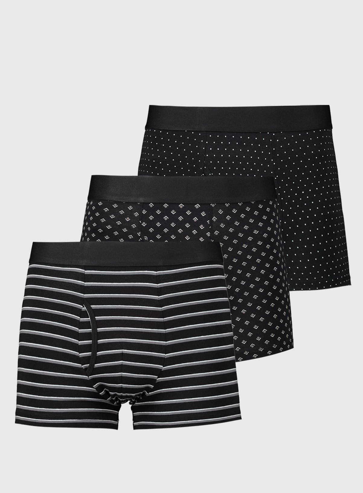 Men's Black Geo, Stripe & Dot Print Trunks 3 Pack