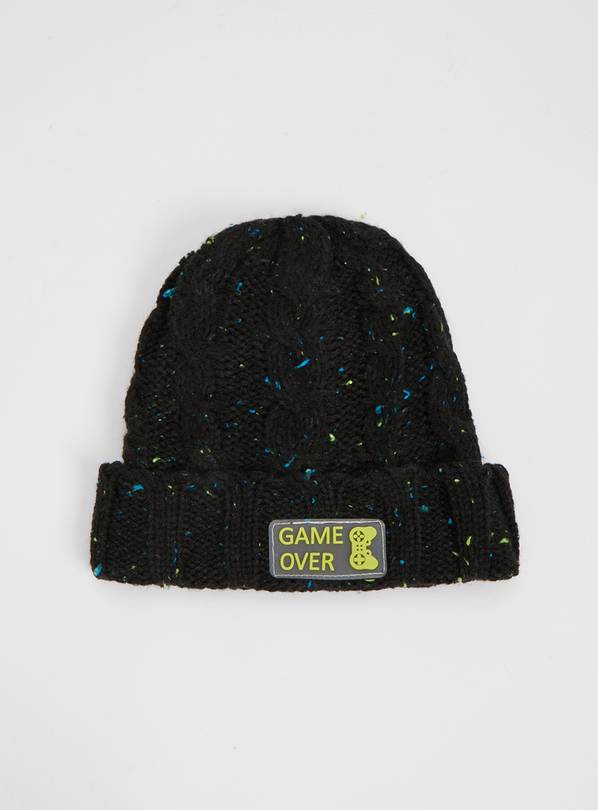 Black Cable Knit Game Over Hat - 3-5 years