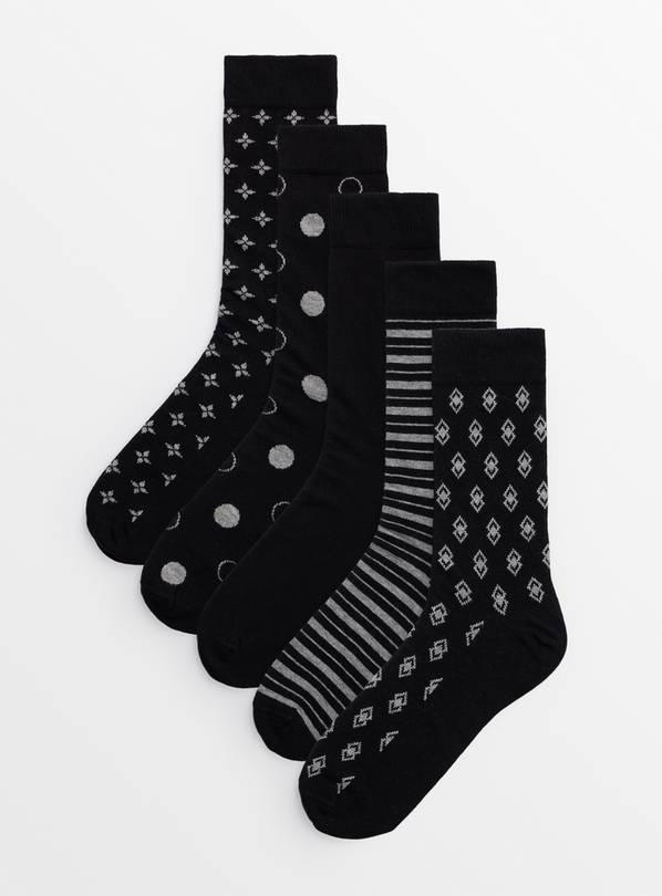 Black Ditsy Geo Stay Fresh Ankle Socks 5 Pack 6-8.5