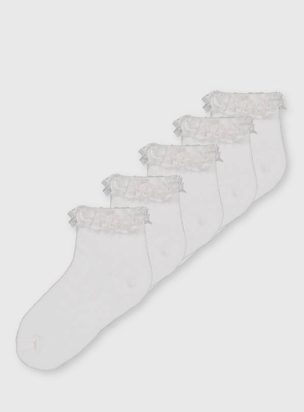 White Broderie Trim Socks 5 Pack 3-5.5