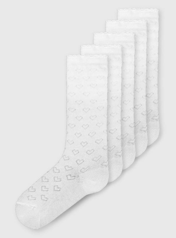 White Heart Knee High Socks 5 Pack 4-5.5