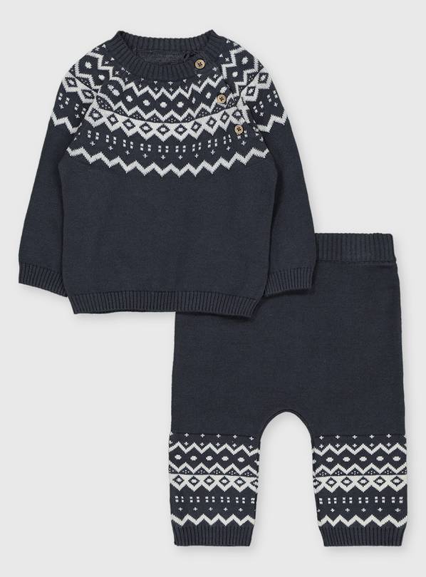 Navy Knitted Fair Isle Jumper & Bottoms Up to 3 mths