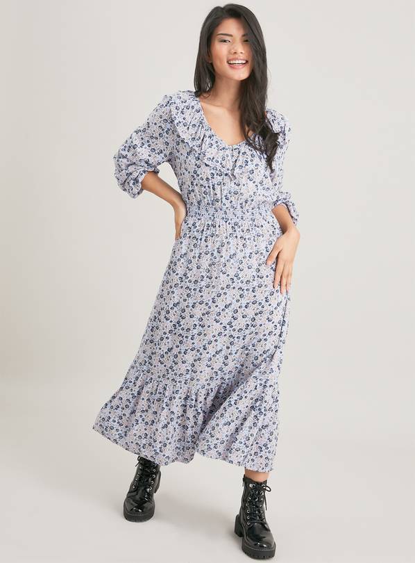 Buy PETITE Blue Ditsy Floral Frill Neck Midi Dress 22 Dresses Argos