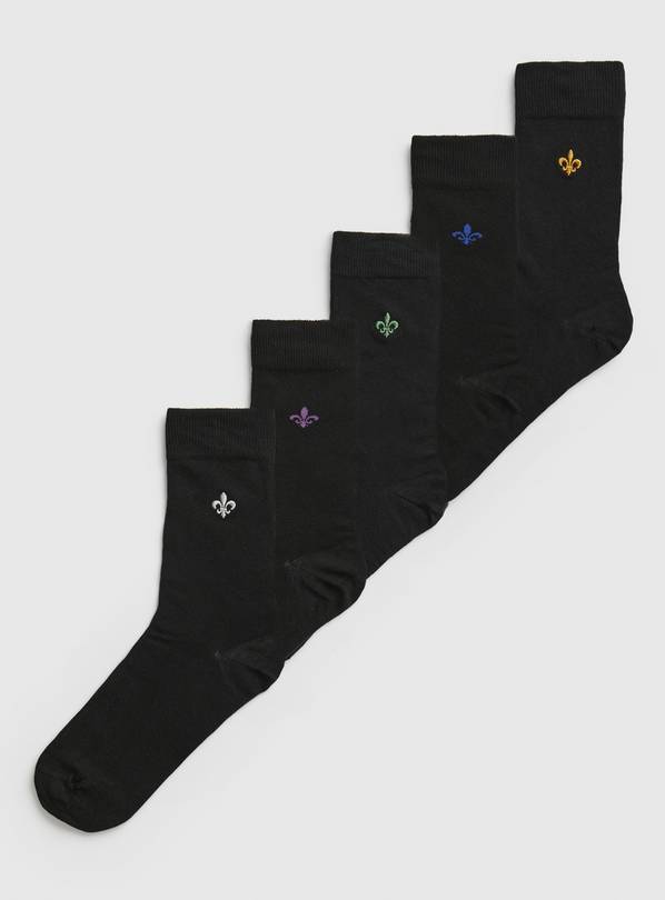 Black Stay Fresh Fleur De Lys Socks 5 Pack 9-12