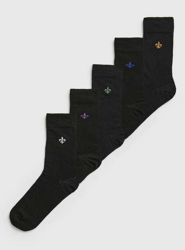 Black Stay Fresh Fleur De Lys Socks 5 Pack 6-8.5