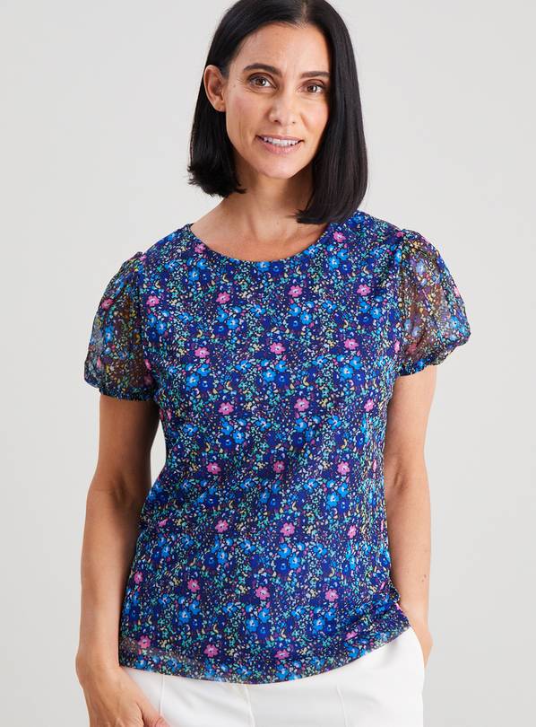 Buy Blue Ditsy Floral Print Mesh Top - 20 | T-shirts | Argos