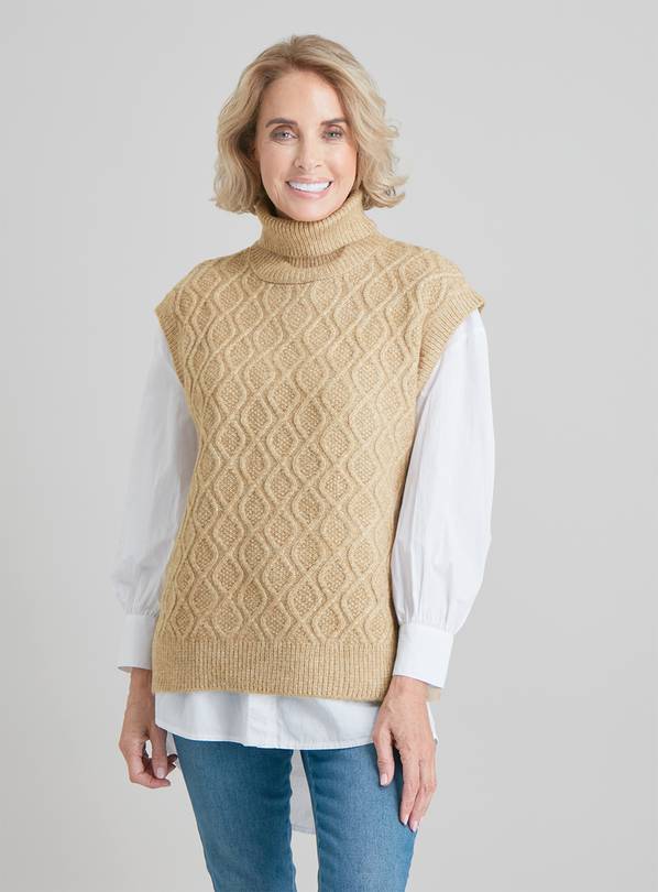 Buy Pale Brown Cable Knit Roll Neck Tank Top - 20