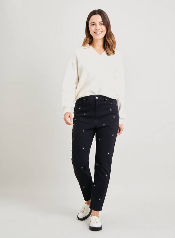 Buy Black Daisy Embellished Mom Jeans - 22R, Jeans