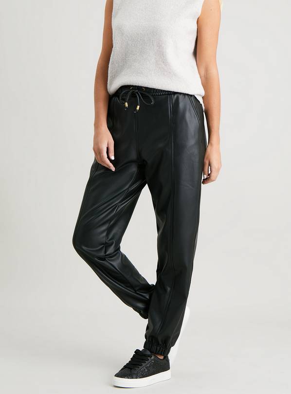 Buy Black Faux Leather Cuffed Ankle Joggers - 22, Joggers