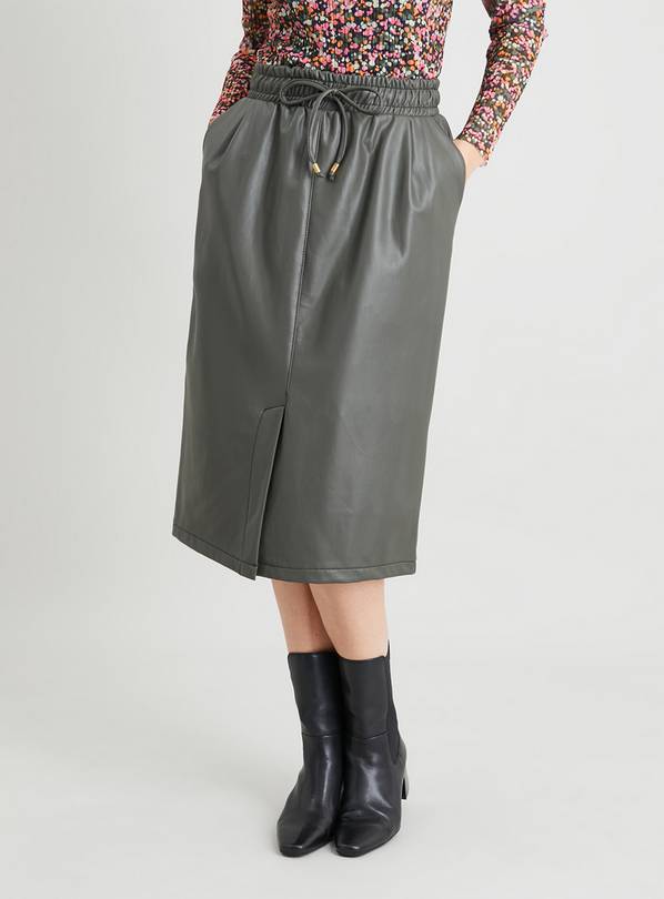 Khaki Faux Leather Pencil Skirt - 8