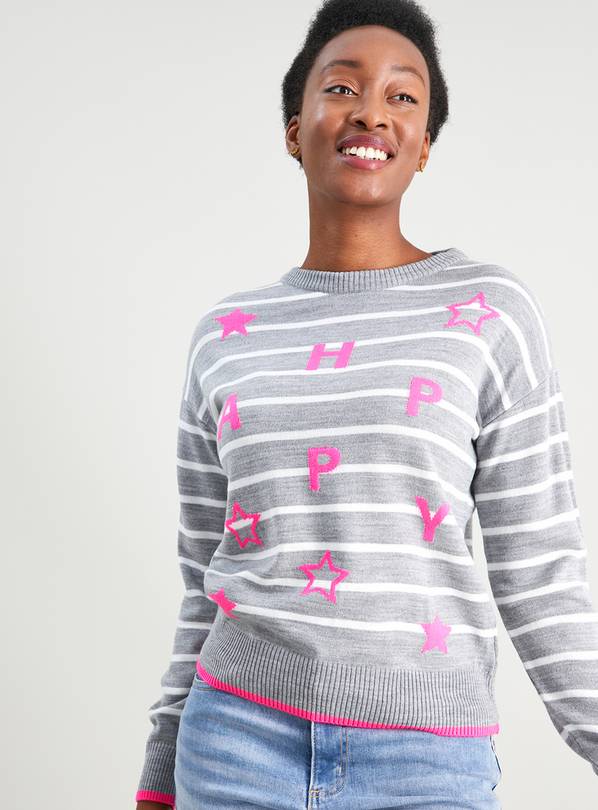Buy Grey Stripe Happy Slogan Jumper - 18 | Jumpers | Tu