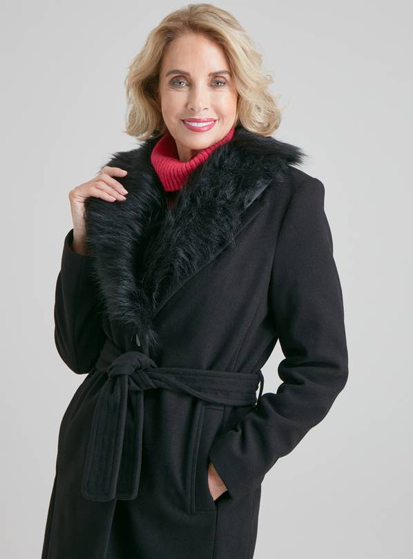 Buy Black Longline Faux Fur Collar Coat 10 Coats Argos