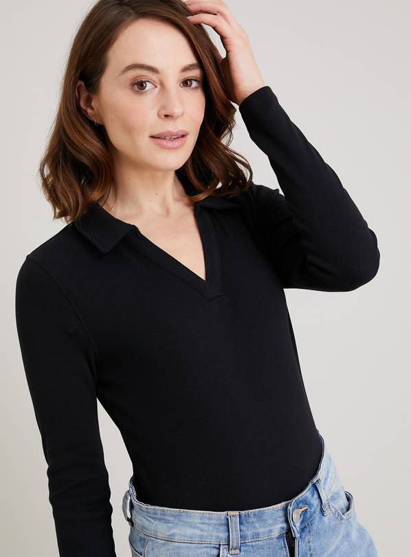 Buy Black Ribbed Collared Bodysuit - 24 | Tops | Argos