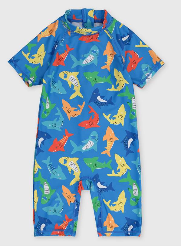 Blue Shark Print All In One Sunsuit - 4 years