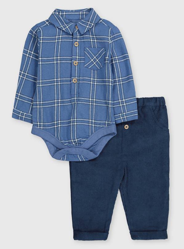 Blue Check Bodysuit & Cord Trousers - Up to 1 mth