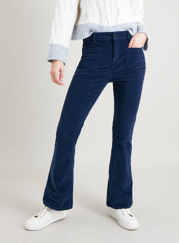 Buy Navy Corduroy Kick Flare Trousers - 12, Trousers